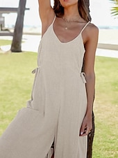cheap Plain Cotton Linen Pant-Women&#039;s Normal Cotton Linen Dungarees Pants Streetwear Solid Color Sleeveless V Neck Drawstring Street Going out Regular Fit Khaki Summer