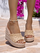 olcso Nyári szandálok-női bézs szőtt ékszandál – kézműves raffia felsőrész, espadrille platform kialakítás nyári tengerparti nyaraláshoz és üdülőhelyi viselethez