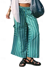 abordables jambe large et taille haute-Femmes Slacks Pantalons Streetwear Occasionnel Longueur complète Naturel Rayé Avec Poches Conception à cordon élastique Confortable Extérieur Rue Sortir Rouge orangé Bleu ciel clair Marine fonc