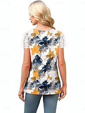 levne tričko umění a designu-Womenské blůzy Krajka Splicing Top Květinové Listy Stylový Neformální Krátký rukáv V Krk Pravidelné topy Denní Krajkový potisk Žlutá Modrá Meruňková Léto Jaro