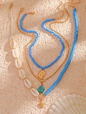 cheap Women&#039;s Necklace-Women&#039;s Boho Layered Shell and Bead Necklace Set – Beach-Style Turquoise Pendant and Gold Charms for Summer Vacations and Festivals