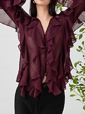 abordables Hauts sexy pour femmes-Femmes Chemise Chemisier Uni Élégant Moderne manche longue Col en V Hauts Réguliers Fête Sortir Superposé Vin Été