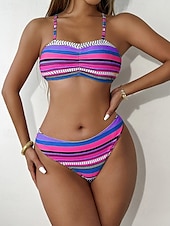 olcso Bikiniszettek-Női Fürdőruha Bikini Három darab Fürdőruha Fringe Hem Hawaii Strandruházat Csíkos U-alakú Rövid ujjú Fürdőruhák