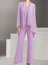 economico Sotto 129,99 $-Pantaloni Abito Madre della Sposa Ospite Matrimonio Elegante Semplice Collo Gioiello Lunghezza del Pavimento Chiffon Manica Lunga con Colore Solido