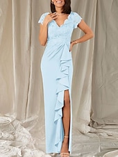 preiswerte Bodenlänge-Meerjungfrau  Trompeten Brautmutter Kleid Hochzeitsgast Eleganter V-Ausschnitt Bodenlang Chiffon Spitze Cap Ärmeln mit Spitzen Rüschen Applikationen