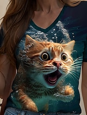 ieftine Tricou cu animale-Pentru femei Tricou Grafic Animal Pisica Epocă Stilat Clasic Manșon scurt În V Topuri obișnuite Zilnic Imprimeu Trifoi Vară Primăvară