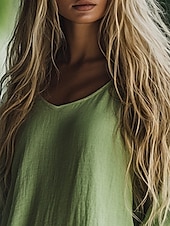 abordables Tops bohèmes-Femmes Chemisier occidental Chemises en lin Uni Bohème ancien Boho manche longue Col en V Hauts Réguliers Quotidien Fête Vert Été
