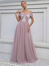 baratos Vestidos para Madrinhas-Linha A Vestido de Madrinha Ombro a Ombro Sem Manga Elegante Longo Tule com Cor Única 2022
