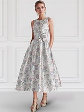 economico Abiti da cocktail-Abiti da Cocktail A-Line in Jacquard Floreale Elegante Abito Matrimonio Formale Lunghezza Alla Caviglia Senza Maniche Collo a Giro Nylon con Stampa Floreale Abito per Invitati Matrimonio
