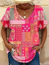 billige Boho t-skjorte-Dame T skjorte Grafisk Geometrisk Årgang Stilfull Klassisk Kortermet V-hals Vanlige topper Daglig Trykt mønster Rosa Blå Lilla Oransje Sommer Vår