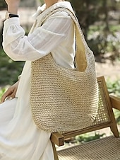 voordelige Handtas &amp; Draagtassen-dames handgemaakte geweven stro schoudertas - grote boho strandtas voor zomerreizen, vakantie en casual outfits bruin beige