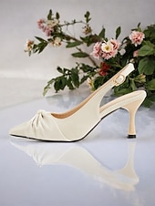 cheap Kitten Heels-Women's Ivory Pointed Toe Slingback Kitten Heels with Pearl Embellishment – Elegant Satin Wedding Shoes for Romantic Dates and Garden Parties
