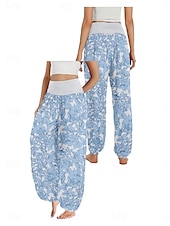 billiga Byxor-Dam Linneinspirerade byxor Brett skaft Byxor Etnisk Stil Ledigt Boho Fullängd Hög midja Blommig Ficka Elastisk midja Tryck Mateial som andas Mjuk Microelastisk Utomhus Yoga Rosa Kungsblå Blå Purpur