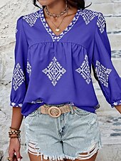 baratos Tops Boho Femininos-Mulheres Blusa Geométrica Boêmia Casual Manga 3/4 Manga Princesa Decote V Tops regulares Diário Imprimir Rosa Azul Marinha Roxo Verde Verão Primavera
