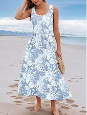ieftine Rochii boho-Pentru femei Rochie Maxi Rochie de Vară Rochie A line Rochie Slip Rochie plisata Vacanță Casual Boho Ieșire Plajă Fit regulat Floral Grafic Fără manșon În U Albastru piscină Vară Primăvară
