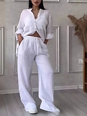 abordables Ensembles-Femmes Mode Streetwear Ensembles en coton et lin Ensembles deux pièces Ensembles de Pantalons manche longue Col montant Uni Tenue quotidienne Date Blanche Jaune Rose Claire Été Coupe régulière