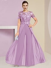 cheap Mom&#039;s Jumpsuits-Beach Wedding Jumpsuit / Pantsuit Mother of the Bride  Wedding Guest Elegant Jewel Neck Ankle Length Stretch Chiffon Short Sleeve with Lace Pleats free custom size