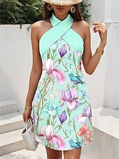 preiswerte Blumenkleider-Damen Minikleid Sommerkleid A Linie Kleid Urlaub Lässig Outdoor Ausgehen Normale Passform Blumen Grafik Ärmellos Neckholder Rosa Blau Grün Sommer