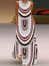 preiswerte Boho Kleider-Damen Maxikleid A Linie Kleid Sommerkleid Urlaub Lässig Boho Täglich Ferien Lässiger Schnitt Grafik Stammes Ärmellos V Ausschnitt Rosa Sommer