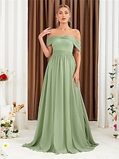 baratos Vestidos para Madrinhas-Linha A Vestido de Madrinha Ombro a Ombro Sem Manga Elegante Longo Chiffon com Pregas 2022