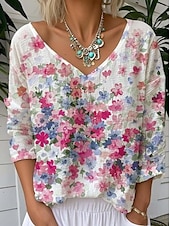 abordables Animaux Tops-Femmes Chemisier Fleuri Graphique Animal ancien Tropical Élégant Manche 3/4 Col en V Hauts Réguliers Jaune Rose Claire Été Printemps