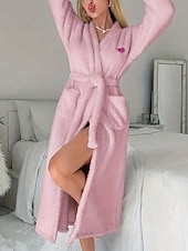 billiga Sovkläder-Dam Vardagsklädsel Morgonrock Varm Mode Ledigt Ren färg Spetsknuten Ficka Cardigan Hem Dagligen Säng Långärmad V-hals Rodnande Rosa Rosenröd Höst Vinter Skräddarsydd passform