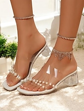 preiswerte Urlaubsandalen-Damen-Pumps aus transparentem PVC mit Perlenakzenten und Blockabsatz, perfekt für Hochzeiten und formelle Anlässe