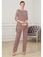 abordables Combinaisons pour maman-Combinaison  Tailleur Mère de la Mariée Élégant Col Bijou Longueur Sol Chiffon Manches Mi-Longues avec Ruching taille personnalisée gratuite