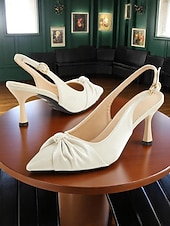 cheap Kitten Heels-Women's Ivory Pointed Toe Slingback Kitten Heels with Pearl Embellishment – Elegant Satin Wedding Shoes for Romantic Dates and Garden Parties