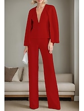 preiswerte Hosenanzüge für Mama-zweiteiliger Overall/Hosenanzug, Kleid für die Brautmutter, elegant, minimalistisch, lässig, tiefer Ausschnitt, bodenlang, Polyester, lange Ärmel, mit Jacke und Schlitz, 2025