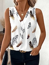 billige Boho tank topp-Dame Camisole Tank Top Grafisk Fjær Elegant Bohem Stilfull Ermeløs V-hals Vanlige topper Daglig Ut på byen Ferieklær Trykt mønster Hvit Sommer Vår