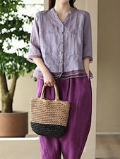 cheap Shirts-Women&#039;s Shirt Solid Color Basic Casual 3/4 Length Sleeve Shirt Collar Regular Tops Daily Mesh Patchwork Buttons White Yellow Pink Purple Summer