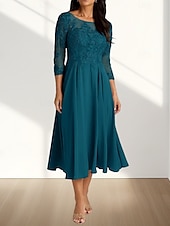 abordables Longueur du thé-Robe Mère de la Mariée A-Line Invité de Mariage Élégante Col Arrondi Longueur Thé Chiffon Manches 3/4 avec Plis Appliques Robe Midi 2025