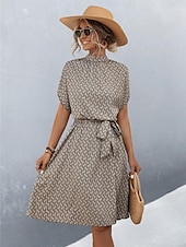 preiswerte Kunst &amp; Design Kleid-Damen Midikleid Figurbetontes Kleid Lässig Täglich Normale Passform Grafik Karomuster Kurzarm Hoher Ausschnitt Schwarz Braun Sommer
