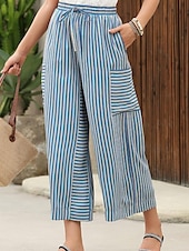 abordables jambe large et taille haute-Femmes Slacks Pantalons Streetwear Occasionnel Longueur complète Naturel Rayé Avec Poches Conception à cordon élastique Confortable Extérieur Rue Sortir Rouge orangé Bleu ciel clair Marine fonc