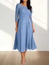 abordables Longueur du thé-Robe Mère de la Mariée A-Line Invité de Mariage Élégante Col Arrondi Longueur Thé Chiffon Manches 3/4 avec Plis Appliques Robe Midi 2025