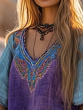billige Boho topper-Dame Vestlig bluse Boho skjorte Bluse Blomsternål i krystall Moderne Bohem Kortermet V-hals Vanlige topper Daglig Ut på byen Trykt mønster Lilla Sommer