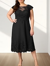 abordables Longueur du thé-Robe Mère de la Mariée A-Line Invité de Mariage Élégante Col Ronde Mi-Longue en Chiffon À Manches Courtes avec Appliques Robe Midi 2025