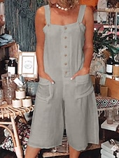billige Vanlig linbukse i bomull-dame normale dungarees romper avslappet ensfarget ermeløs u-hals knapper lomme gate fest normal passform hvit rosa blå sommer