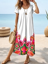 billiga Boho klänningar-Dam Midiklänning Solklänning A linjeklänning Semester Ledigt Boho Fjäril Semester Strand Normal Blommig Grafisk Kortärmad Rund halsringning vit blå Vit Blå Grön Sommar
