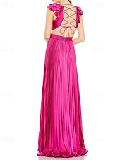 baratos Rosa-Vestido rosa choque, corte A, vestido de noite, vestido plissado, formal, casamento, comprimento até o chão, sem mangas, decote profundo, cetim com babados, 2025