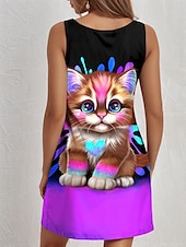 levne Zvířata šaty-lil kitty by sheena pike dámské minišaty linkové šaty letní šaty mimo ramena dovolená ležérní denní volný střih grafika zvíře bez rukávů u krku černá léto