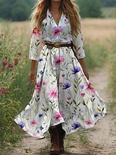 economico Abiti floreali-Per donna Abito Midi Abito a trapezio Vacanza Casual Boho All&#039;aperto Uscire Spiaggia Vestibilità comoda Floreale Grafico Manica 3/4 Scollo a V Rosa Blu Arancione Verde Estate