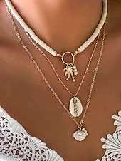 cheap Women&#039;s Necklace-Women&#039;s Boho Layered Shell and Bead Necklace Set – Beach-Style Turquoise Pendant and Gold Charms for Summer Vacations and Festivals