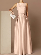 preiswerte Sekt-Strandhochzeit A-Linie Abendkleid Elegantes Kleid Formelle Abend Bodenlanger Ärmellos Schmuck-Ausschnitt Herbst Hochzeitsgast Satin mit Gurt/Ribbon Falten Applikationen 2025