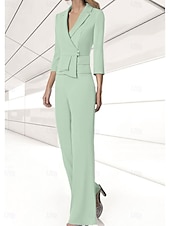 abordables Costumes-pantalons pour maman-Ensemble pantalon 2 pièces mère de la mariée invité de mariage élégant encolure en V longueur de sol chiffon extensible manches 3/4 wrap inclus avec boutons 2025 taille personnalisée gratuite