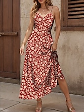 preiswerte Blumenkleider-Damen Maxikleid A Linie Kleid Sommerkleid Unterkleid Elegant Urlaub Lässig Normale Passform Blumen Grafik Ärmellos V Ausschnitt Spaghettiträger Rote Blau Purpur Grün Sommer Frühling