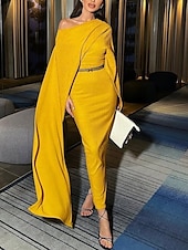 abordables Robes de cocktail-Robe de soirée jaune élégante, robe de mariée formelle, longueur au sol, manches longues, col bateau, crêpe extensible avec châle fendu, 2025