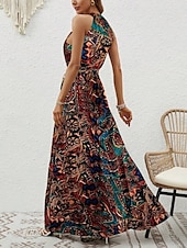 billiga Boho klänningar-Dam Maxiklänning A linjeklänning Off Shoulder Klänning Semester Ledigt Boho Utomhus Utekväll Normal Grafisk Paisley Ärmlös Halterneck Blå Purpur Brun Aprikos Sommar