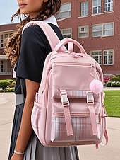 お買い得  子供とティーンのバックパック-ティーンの女の子向けチェック柄スクールバックパック、かわいい大容量防水ナイロン製ブックバッグ、マルチポケット付き、中学校、旅行、毎日のキャンパスでの使用に最適